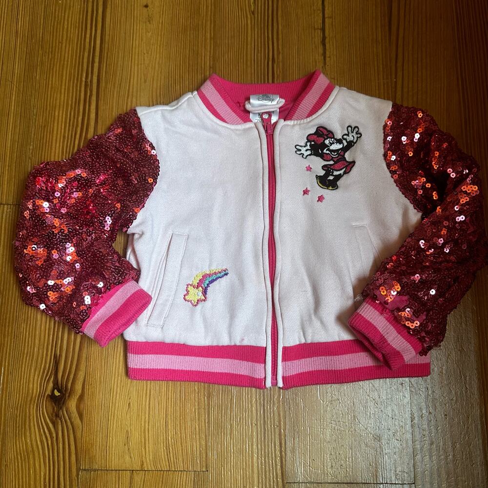 Disney Minnie Mouse pink sequin full zip bomber‎ jacket SIZE 4
